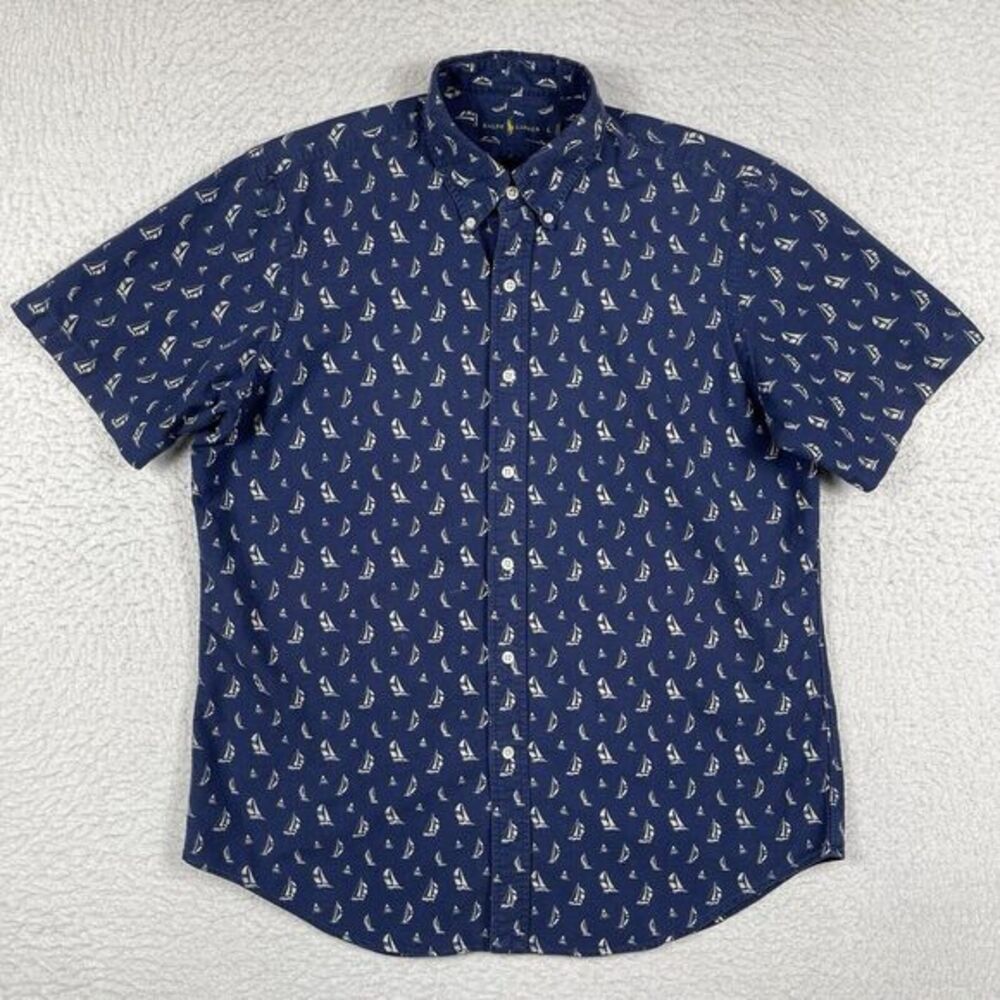 Ralph Lauren Shirt Mens Large Blue AOP Sailboats Nautical Coastal Preppy Travel